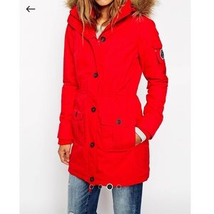 A&F Red Arctic Parka Jacket with Fur Hood